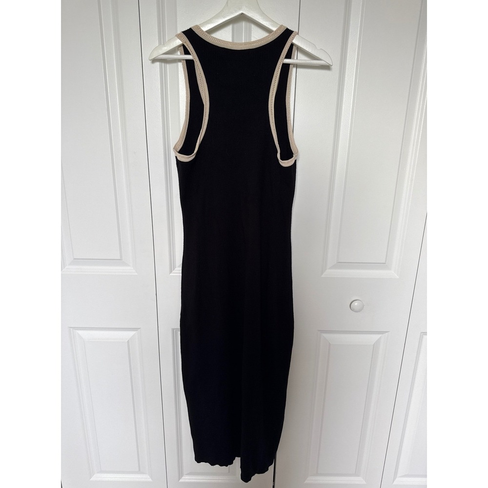Caroline Constas Black Ribbed Knit Midi Dress Cream Crochet Trim Racerback Med - Picture 2 of 6